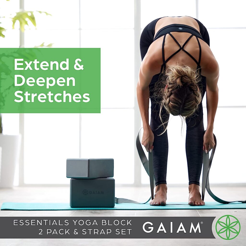 Gaiam Essentials Yoga Block 2 Pack  Yoga Strap Set, Grey