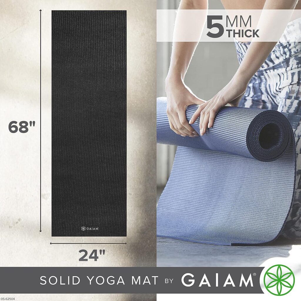 Gaiam Yoga Mat - Premium 5mm Solid Thick Non Slip Exercise  Fitness Mat for All Types of Yoga, Pilates  Floor Workouts (68 x 24 x 5mm)