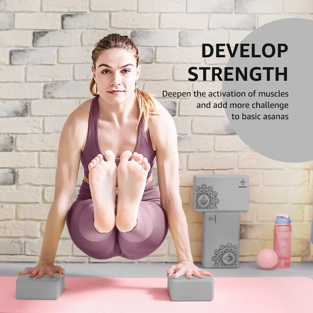 Overmont Yoga Block 2 Pack Supportive Latex-Free EVA Foam Soft Non-Slip Surface for General Fitness Pilates Stretching and Meditation 9x6x3 Yoga Strap Included