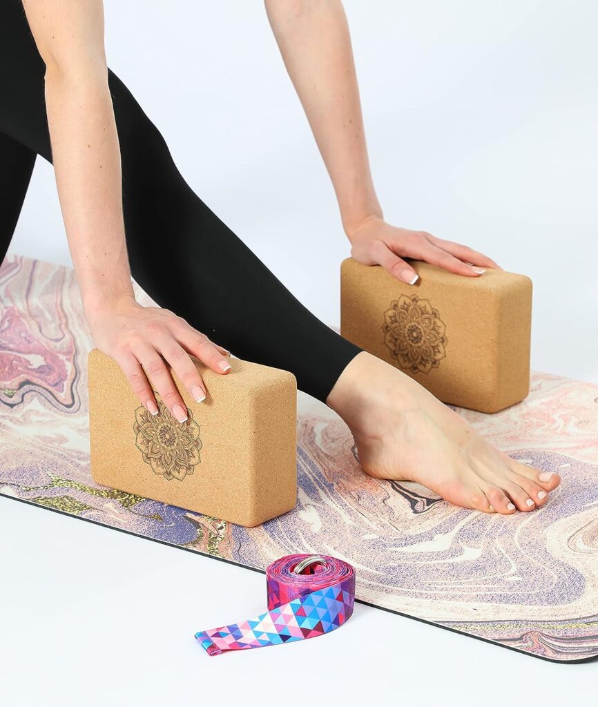 Aozora Cork Yoga Block Sustainable  Eco Friendly 2 Pack and Yoga Strap Set Made of The Finest Natural Cork for Better Support, Balance  Comfort