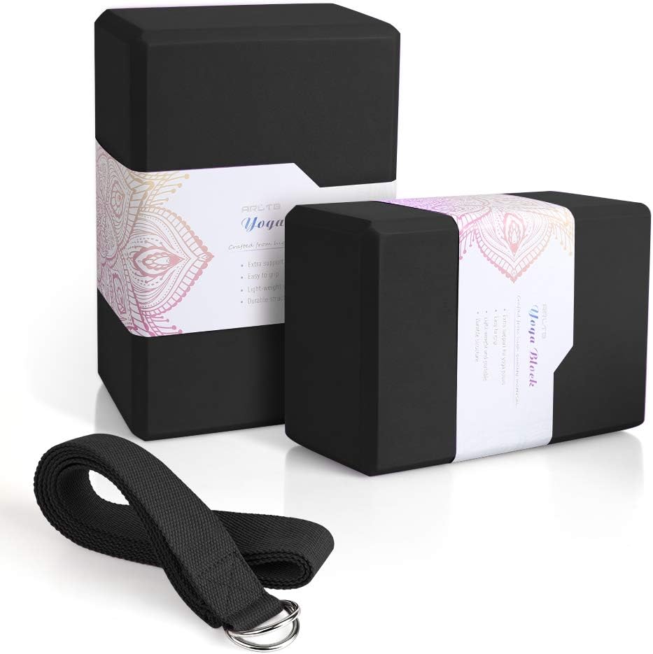 Arltb Yoga Block 2 Pack Yoga Blocks and Strap Set, 2 Pack Stretch Blocks with Strap,Yoga Stretching Bricks with Strap,Yoga Brick Set of 2 Yoga Bricks Stretch Blocks Yoga Cube Blocks - 4 x 6 x 9 inch