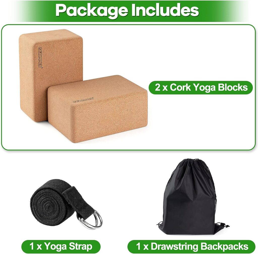 FAURIMMER 2 Pack Natural Cork Yoga Blocks with Strap and Drawstring Backpacks - 9x6x4 High Density Bricks Eco-Friendly Yoga Accessories for Yoga, Pilates, Stretching, and Fitness…