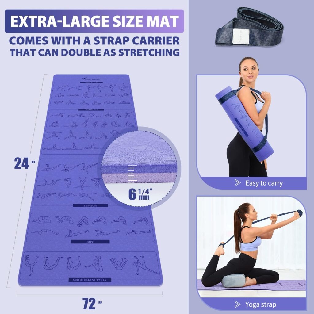 Instructional Yoga Mats with 150 Fade-proof Poses Printed on It - 24 Wide x 72 Long Double-Sided Non Slip TPE Eco-Friendly Workout Mat - 6mm Thick Exercise Mat with Carrying Strap for Beginners