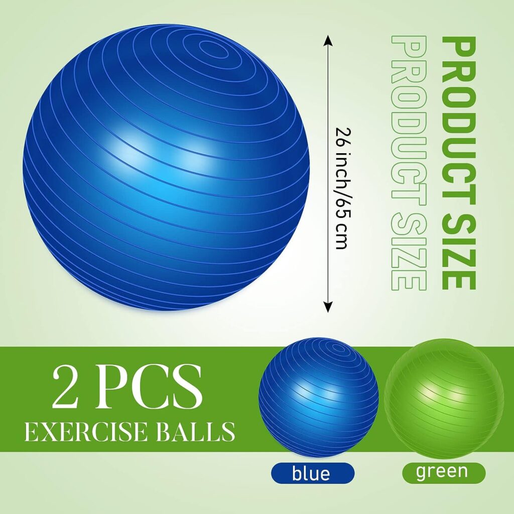 Leyndo 2 Pcs Yoga Ball Bulk Large 26 Inch Exercise Ball Anti Burst Birthing Ball Fitness Ball with Quick Pump, 26 Inches/ 65 cm for Improved Posture, Balance, Yoga, Pilates, Training, Green and Blue