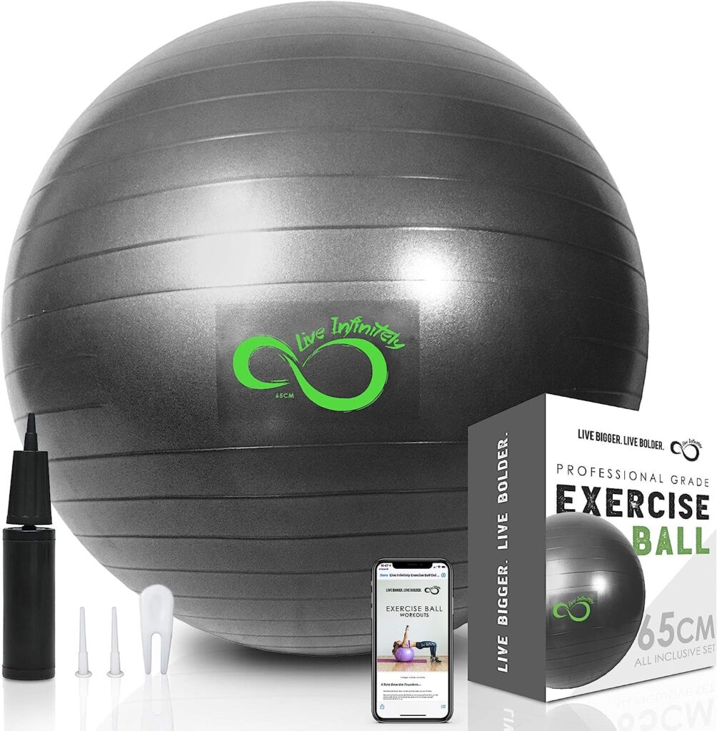 Live Infinitely Exercise Ball (55cm-95cm) Extra Thick Professional Grade Balance  Stability Ball- Anti Burst Tested Supports 2200lbs- Includes Hand Pump  Workout Guide Access