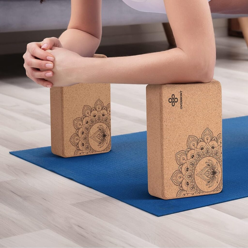 Overmont Cork Yoga Blocks 2 pack with 8ft Strap Set Natural Cork Yoga Bricks- High Density  Eco Friendly Yoga Accessories for Women - Ideal for Yoga Pilates General Fitness and Stretching 9x6x3
