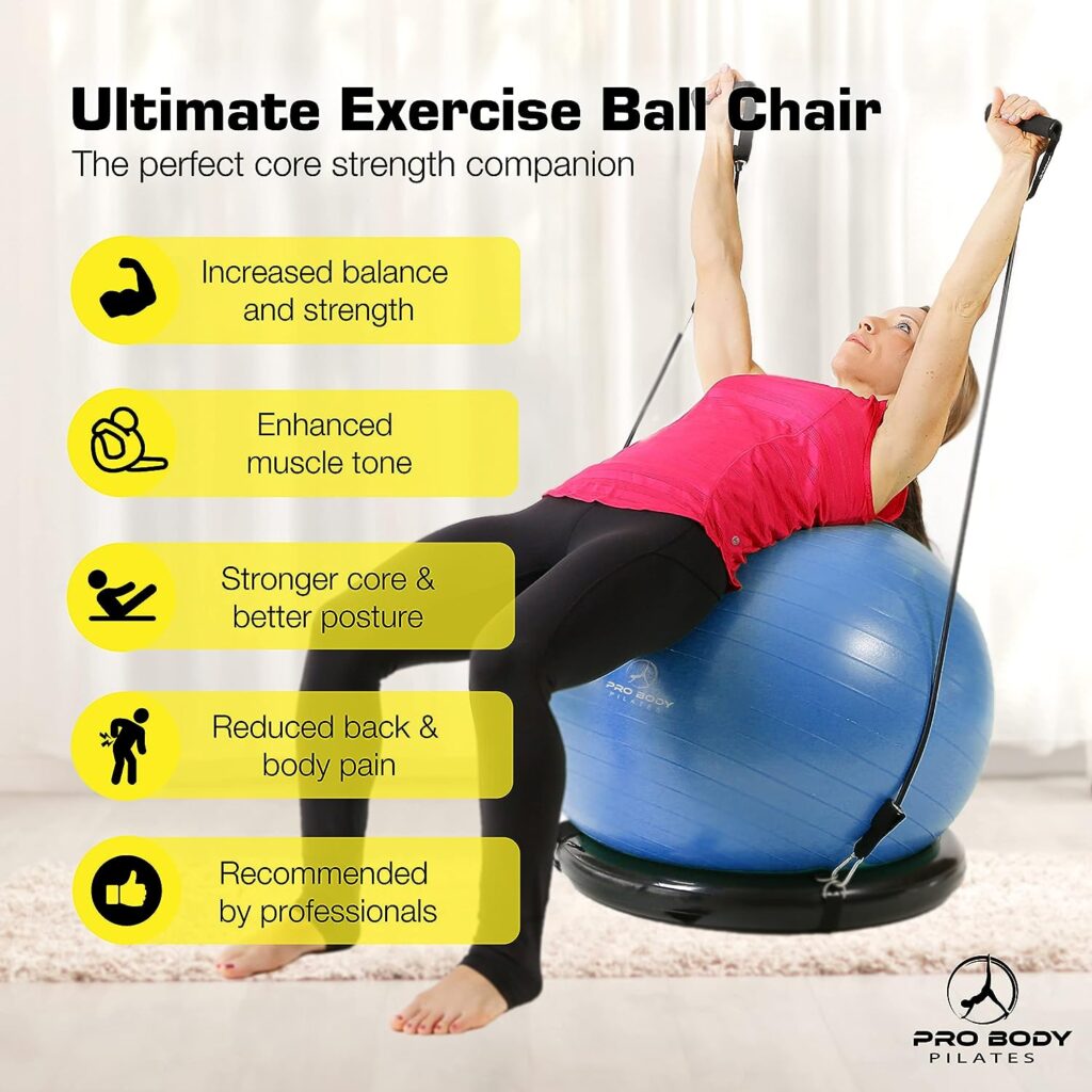 ProBody Pilates Ball Yoga Ball Chair, Exercise Ball Chair with Base or Stand for Home Office Desk Sitting or Workout, 65cm Antiburst Balance  Stability Ball Seat, Large Gym Ball for Back, Abs