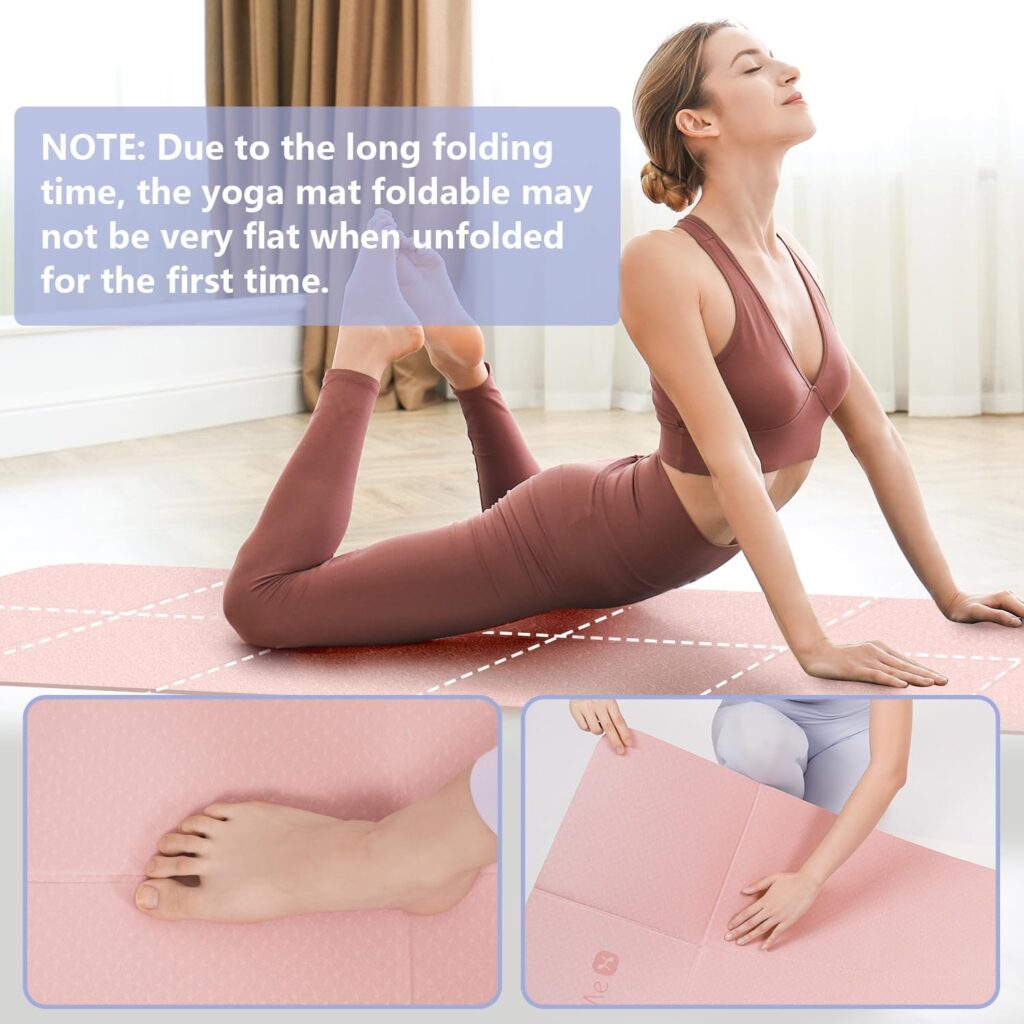 WeMe Yoga Mat, Folding Yoga Travel Mat with TPE Material Non Slip Double-Sided, Anti-Tear, Fitness Mats Foldable 1/4 Thick for Floor Exercises, Pilates etc, Women Men Home Workout (With Storage Bag)