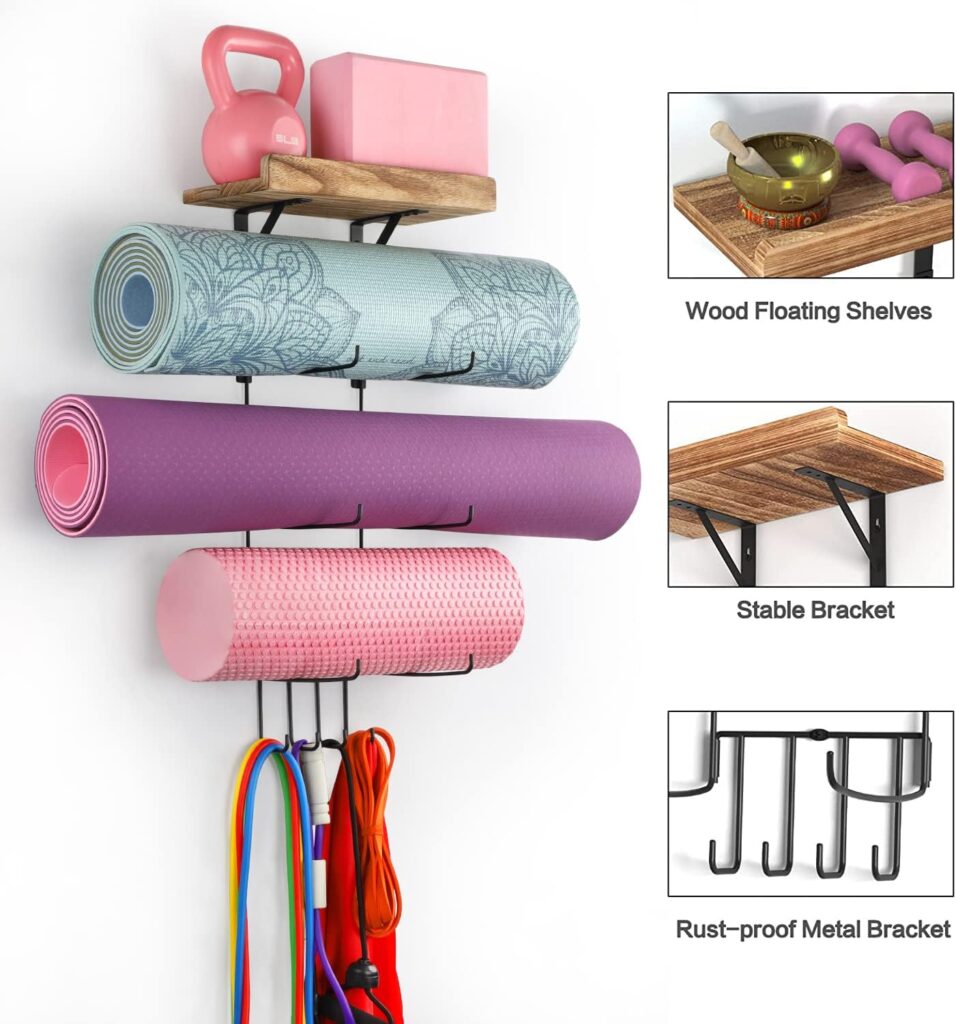 Yoga Mat Holder Accessories Wall Mount Organizer Storage Decor Foam Roller and Towel Storage Rack with 4 Hooks and Wooden Shelves Yoga Mats Rack Resistance Bands for Home Gym School Office
