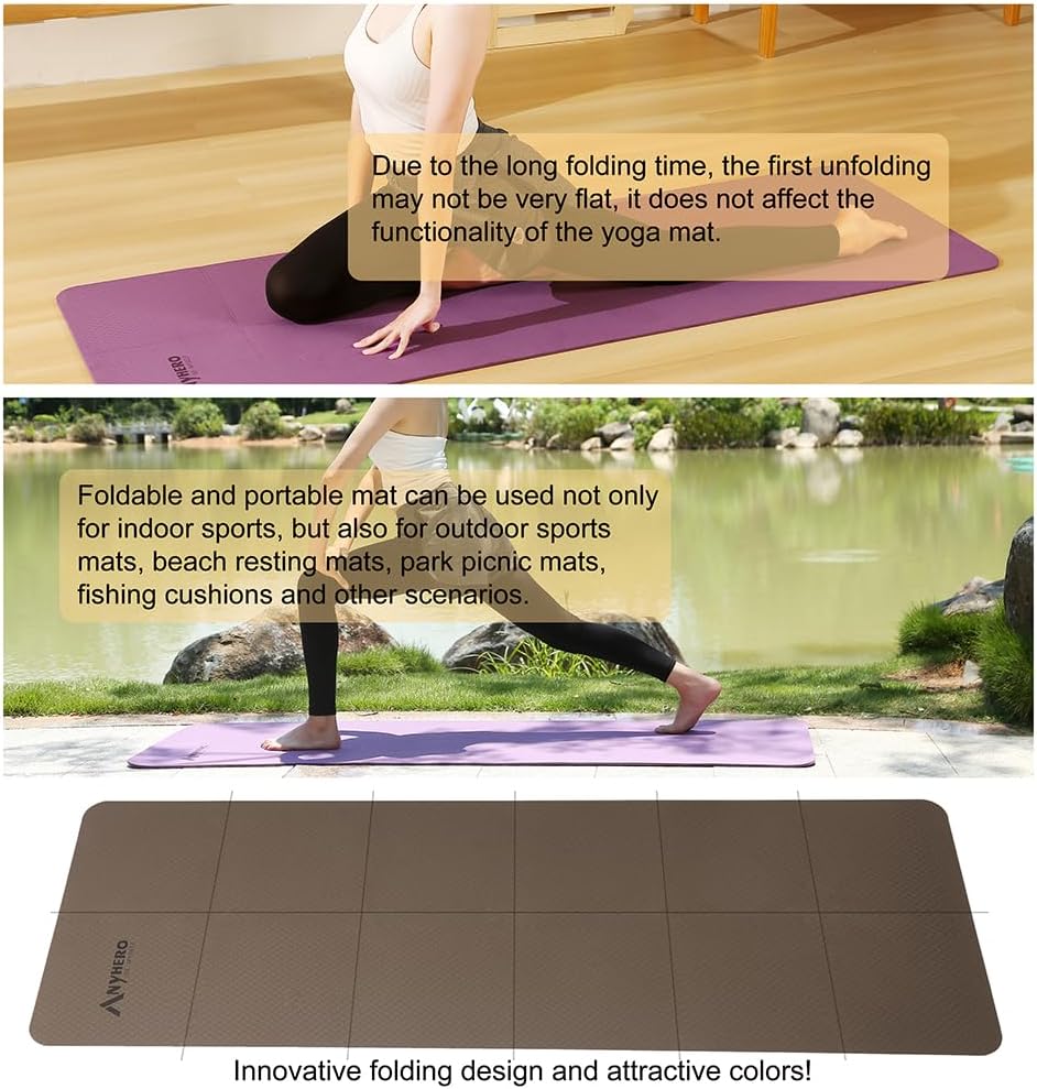 Anyhero Yoga Mat - Folding Travel Fitness  Exercise Mat - Foldable Yoga Mat for All Types of Yoga, Pilates  Floor Workouts - Easy to carry to Class Beach Park Travel Picnics (TPE Material 1/4 Thick)