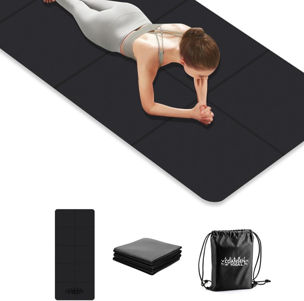 COANSEN Folding Yoga Mat 72L x 31.5W x 6mm Workout Mat for Women Men,TPE Yoga Mat Non Slip Textured Surfaces with Storage Bag Easy to Carry for All Types of Yoga,Pilates  Floor Workouts