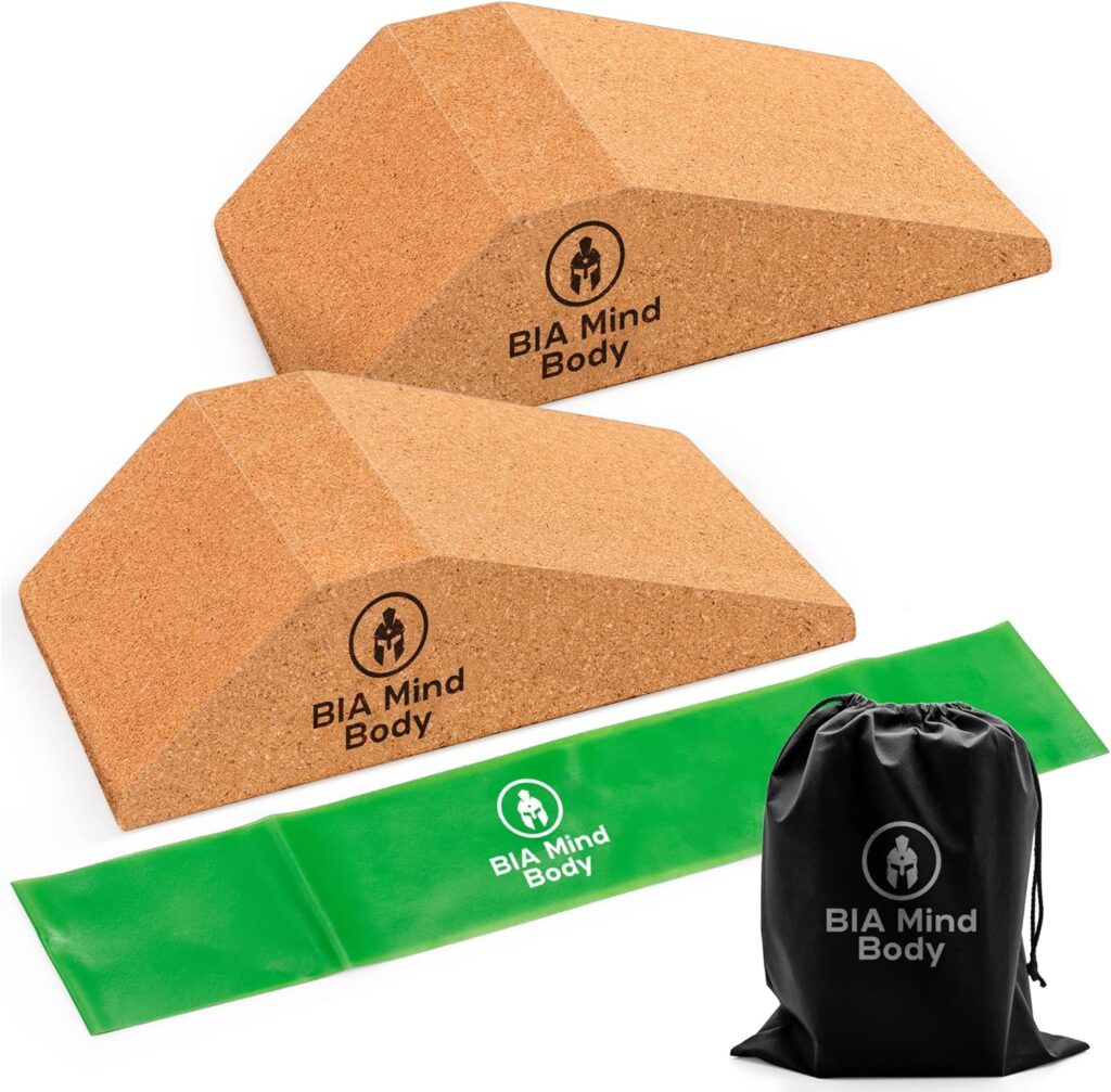 Cork Squat Wedge Block Set - 1 Pair - Portable Heel Elevated Squat Wedge Cork with Bonus Stretch Band - Non-Slip Slant Board for Squats - Versatile Calf Raise Block, Deadlift Blocks, and Yoga Wedge