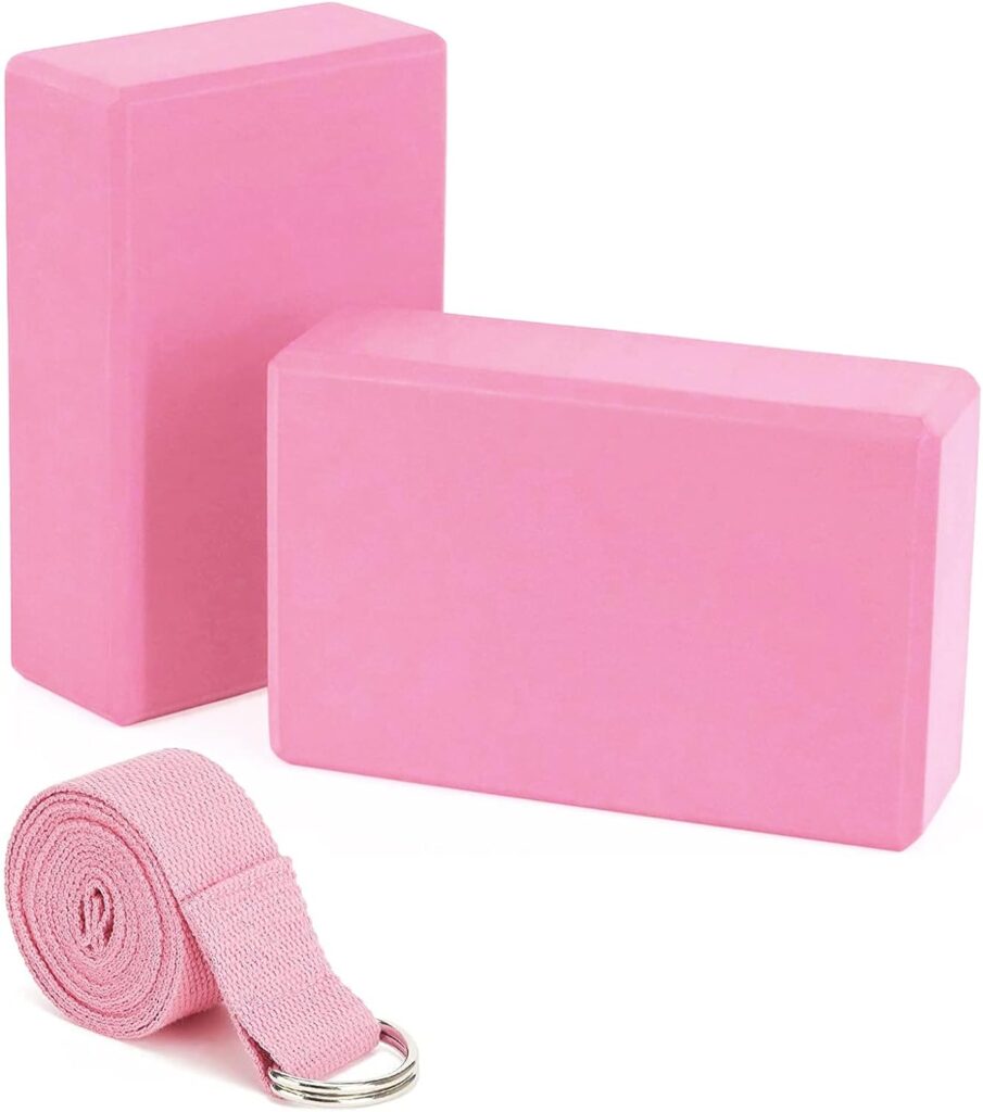 High Density EVA Yoga Foam Blocks (2 Pack) Plus Strap with Metal D-Ring -Size 9 x 6 x 3