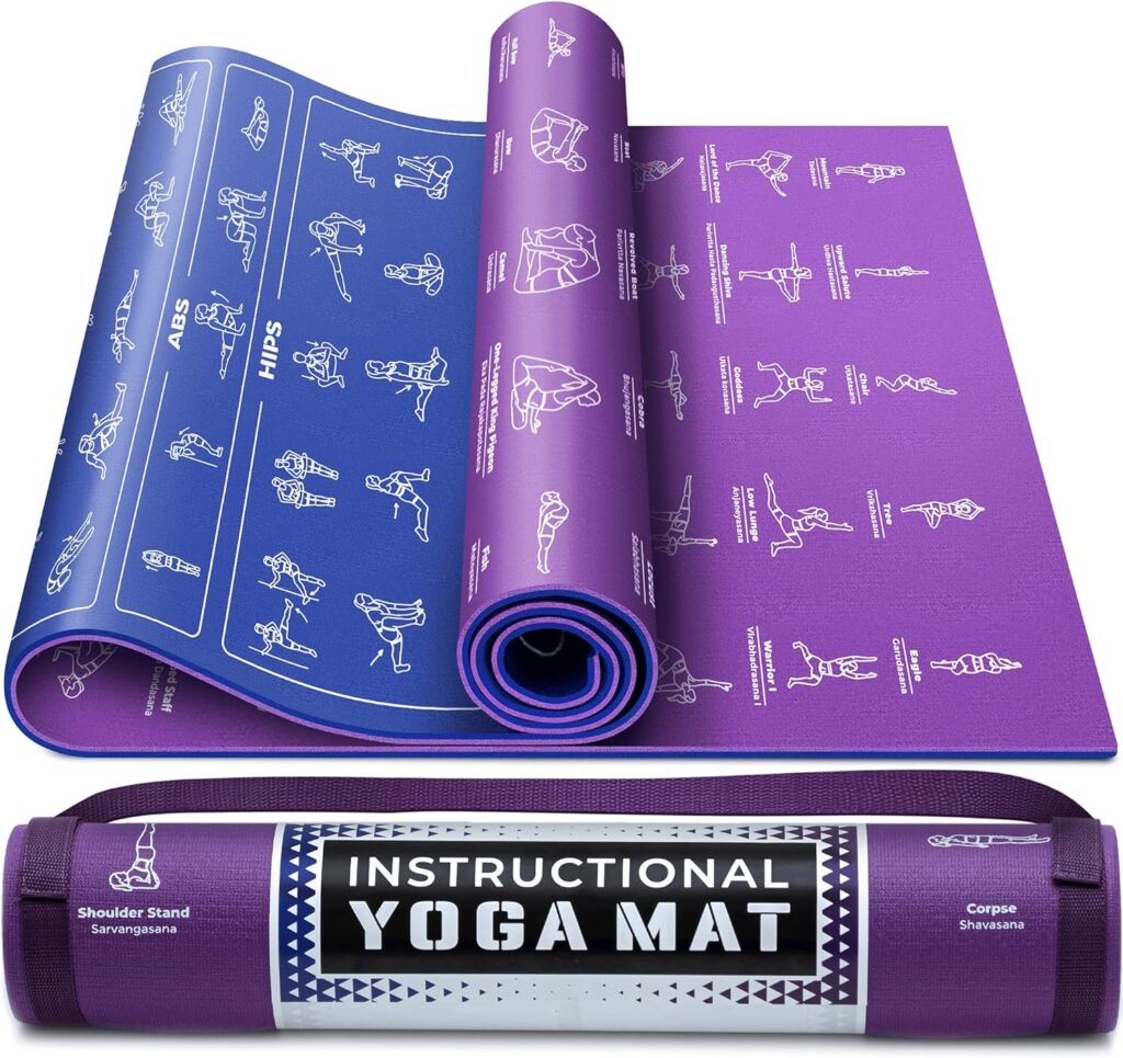 Instructional Yoga Mat with Poses Printed On It  Carrying Strap - 75 Illustrated Yoga Poses  75 Stretches - Cute Yoga Mat For Women and Men - Non-Slip, 1/4 Extra-Thick Yoga Mat For Beginners