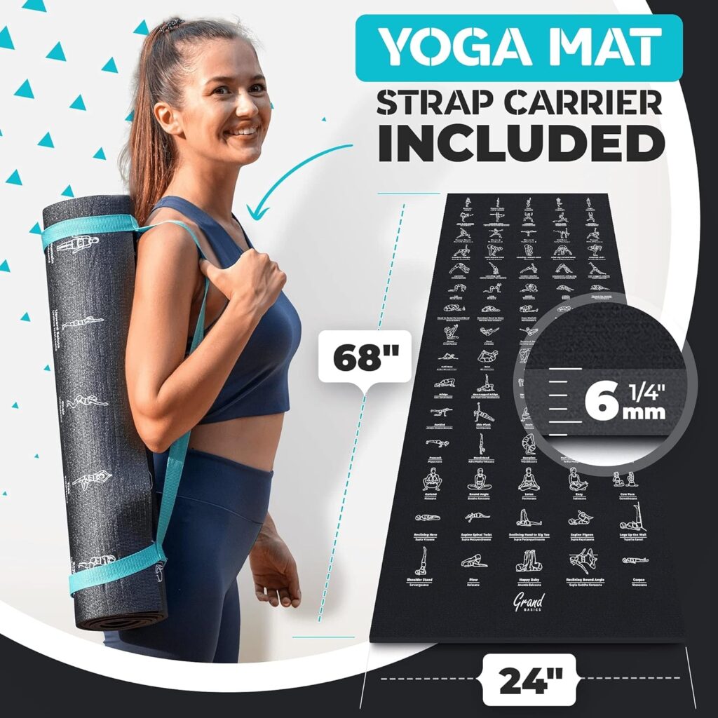 Instructional Yoga Mat with Poses Printed On It  Carrying Strap - 75 Illustrated Yoga Poses  75 Stretches - Cute Yoga Mat For Women and Men - Non-Slip, 1/4 Extra-Thick Yoga Mat For Beginners