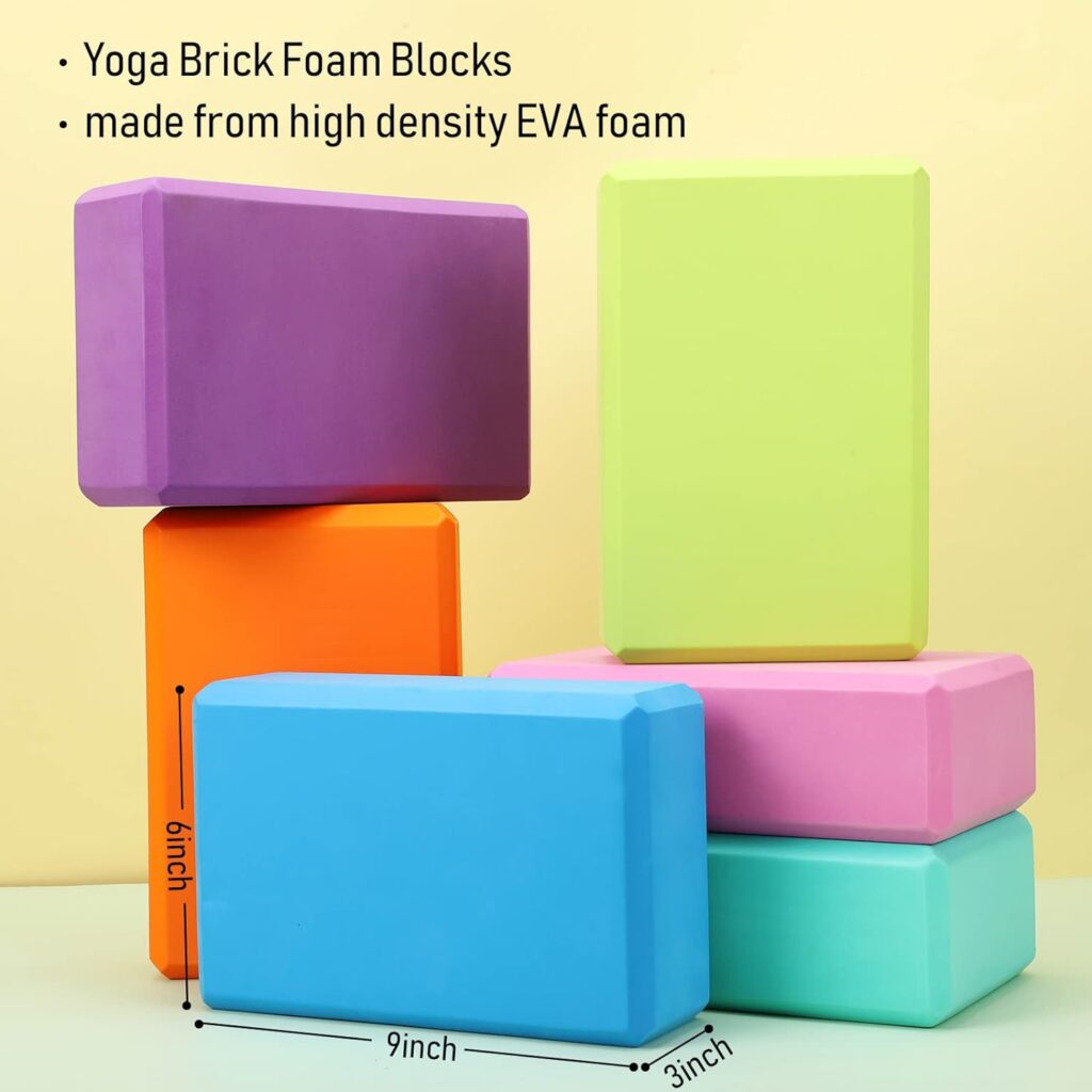 Junkin 12 Pcs Yoga Blocks with Strap Set, 9 x 6 x 3 EVA Foam Yoga Blocks 72 Inch Stretching Yoga Strap Adjustable Yoga Belt Exercise Stretch Bands with D Ring Buckle for Workout Fitness Dance