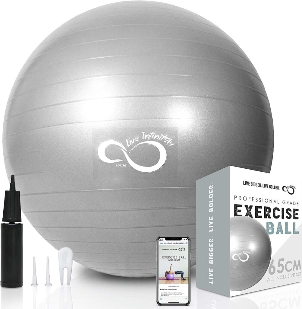 Live Infinitely Exercise Ball (55cm-95cm) Extra Thick Professional Grade Balance  Stability Ball- Anti Burst Tested Supports 2200lbs- Includes Hand Pump  Workout Guide Access