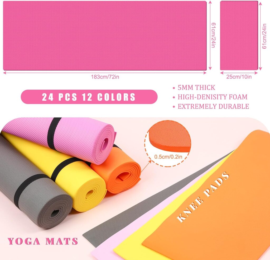 Nuanchu 24 Pieces Yoga Mats Set Yoga Mats Bulk and Knee Pad with Carrying Straps 72 x 24 x 5 mm Thick Exercise Mat Colorful Non Slip Fitness Mats for Men Women Yoga Class Gym Fitness