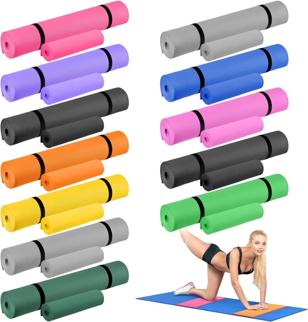 Nuanchu 24 Pieces Yoga Mats Set Yoga Mats Bulk and Knee Pad with Carrying Straps 72 x 24 x 5 mm Thick Exercise Mat Colorful Non Slip Fitness Mats for Men Women Yoga Class Gym Fitness