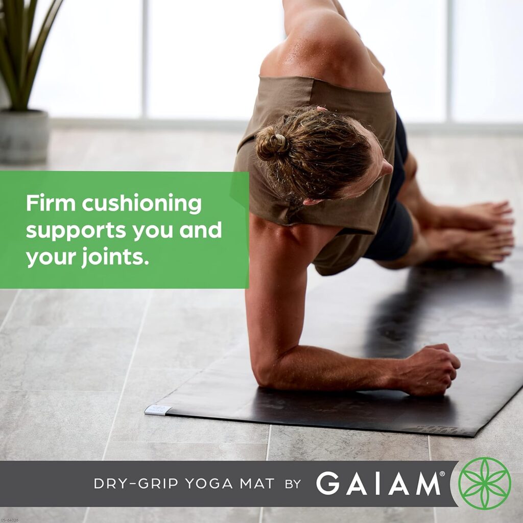 Gaiam Dry-Grip Yoga Mat - 5mm Thick Non-Slip Exercise  Fitness Mat for Standard or Hot Yoga, Pilates and Floor Workouts - Cushioned Support, Non-Slip Coat - 68 x 24 Inches