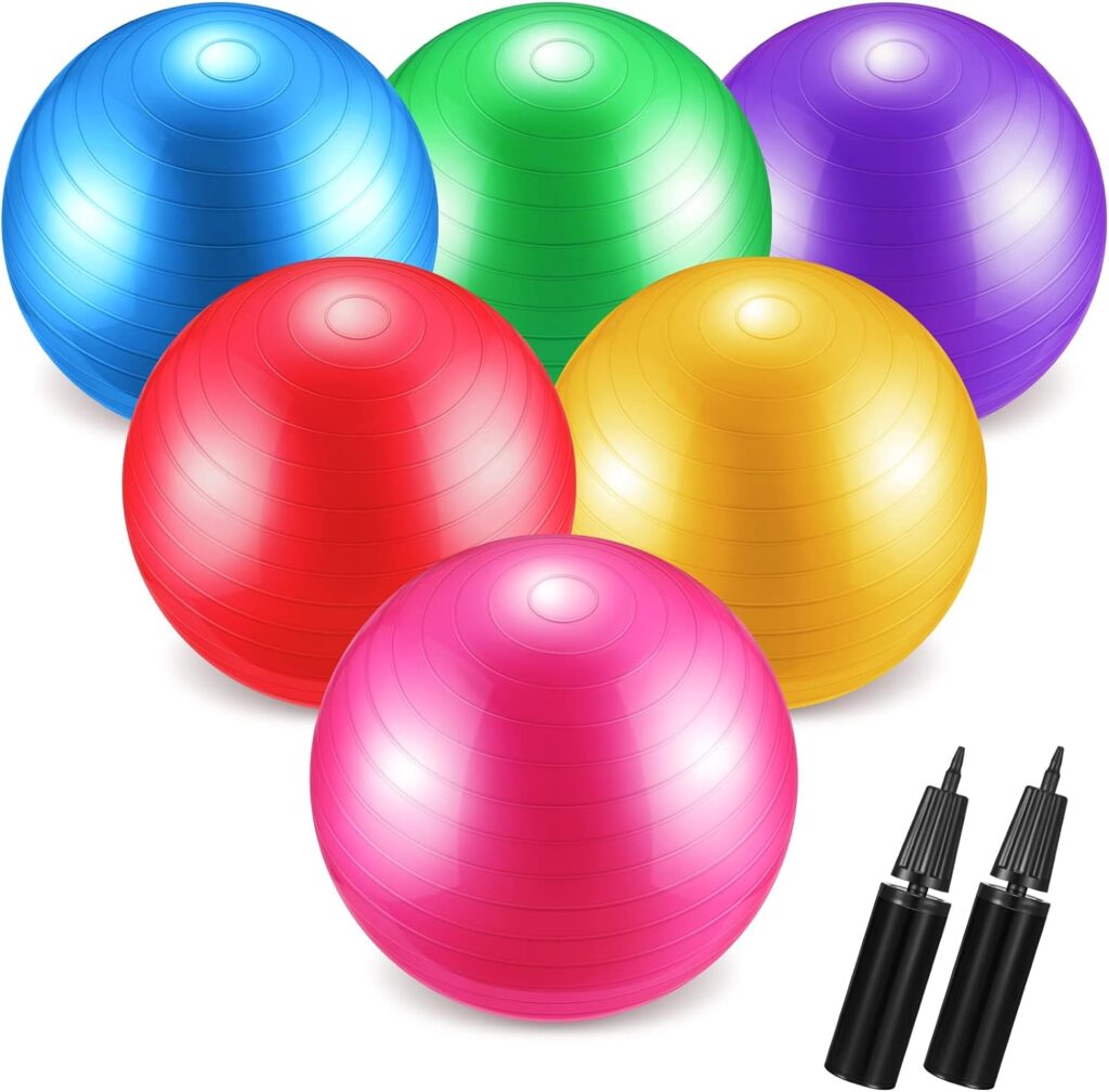 Junkin 6 Pcs Exercise Ball Bulk, Yoga Ball for Yoga Ball Chairs, Heavy Duty Swiss Ball, Include Pump, Exercise Ball Chair, 6 Colors Fitness Ball for Stretching Physical Posture Improves Balance