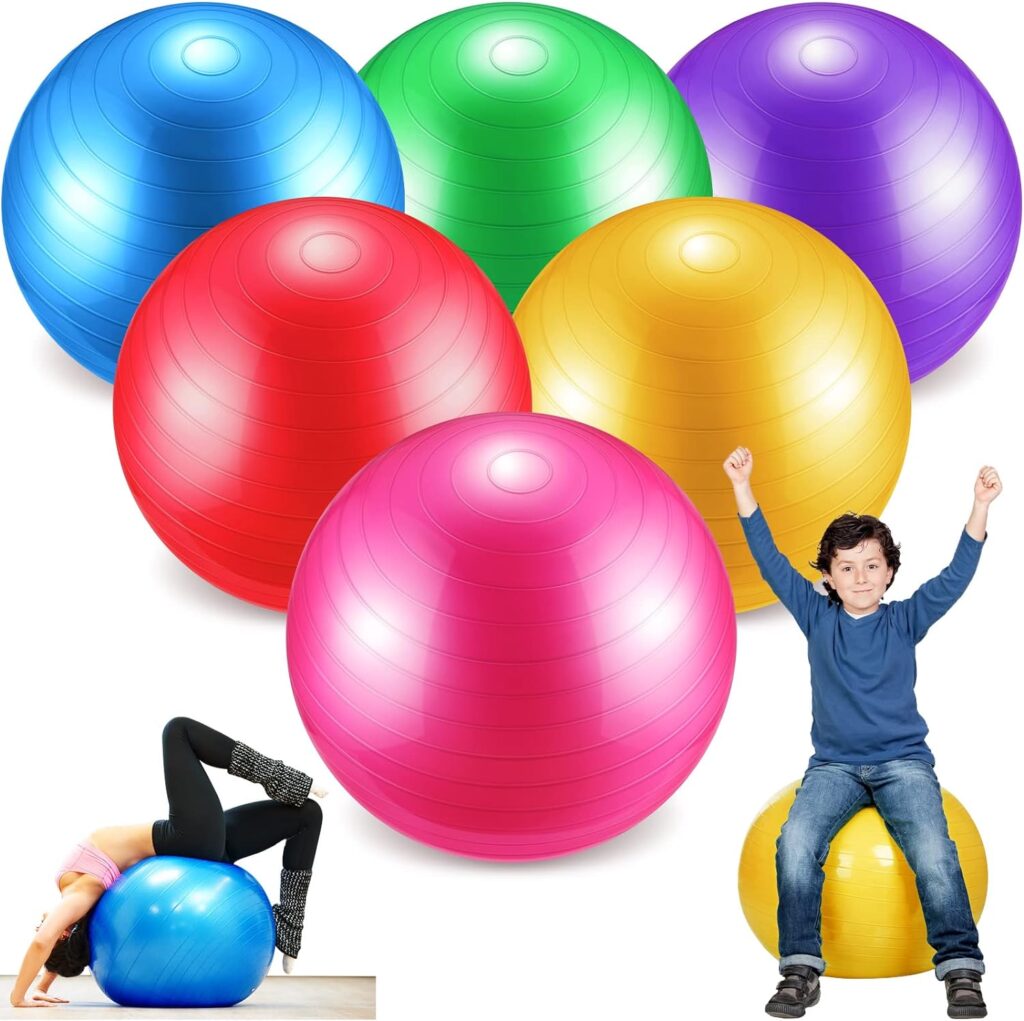 Junkin 6 Pcs Exercise Ball Bulk, Yoga Ball for Yoga Ball Chairs, Heavy Duty Swiss Ball, Include Pump, Exercise Ball Chair, 6 Colors Fitness Ball for Stretching Physical Posture Improves Balance