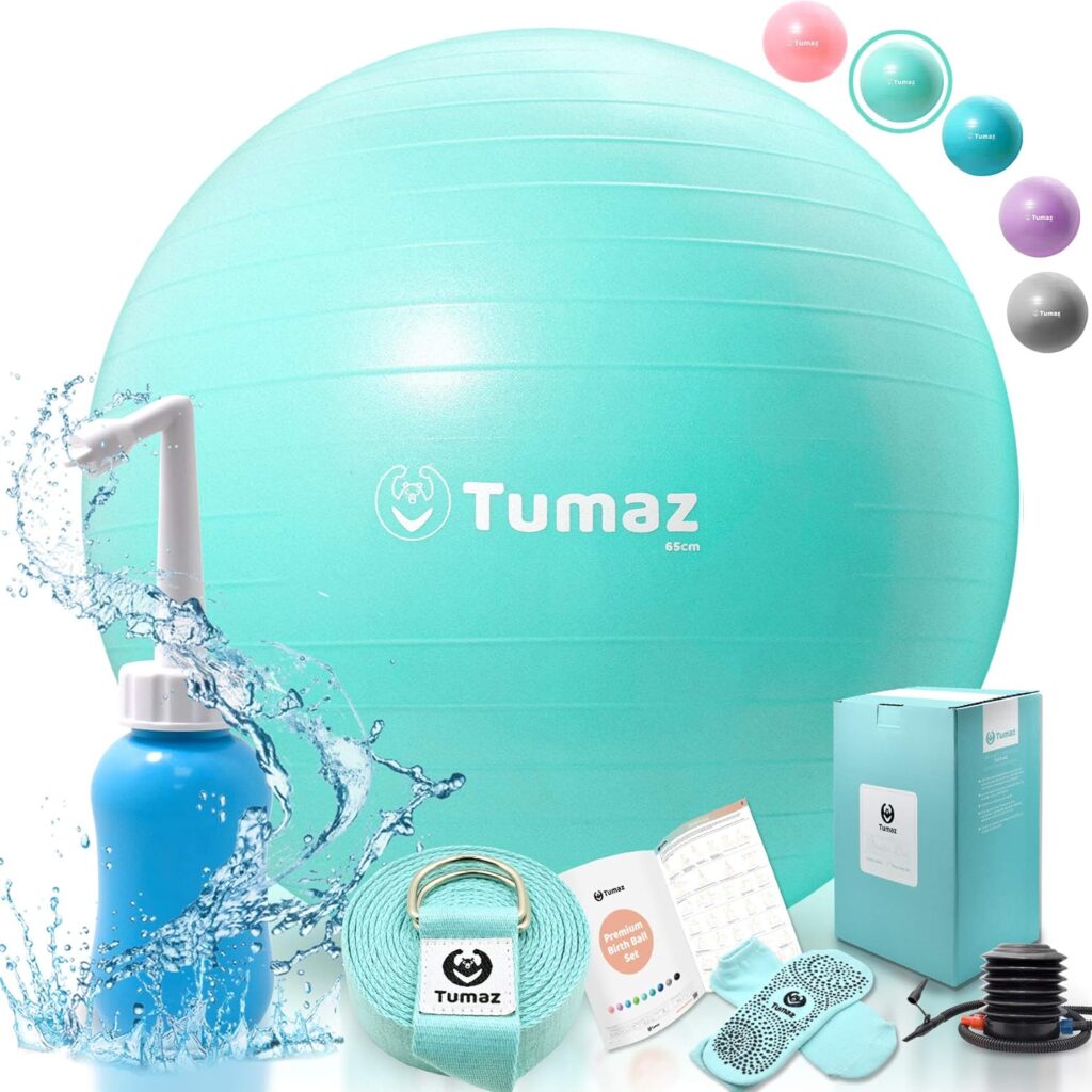 Tumaz Birth Ball - Birthing Ball for Pregnancy  Labor - Including Birthing Ball/Peri Bottle/Yoga Strap/Non-Slip Socks - Pregnancy Ball for Exercises Set with Quick Foot Pump  Instruction Poster