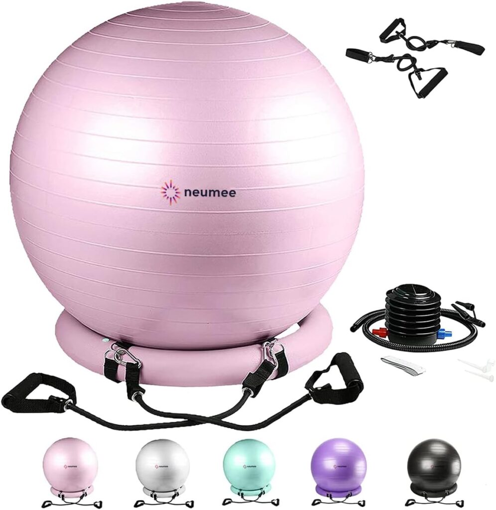 NEUMEE Exercise Ball Chair with Resistance Bands, Yoga Ball Office Chair with Stability Base for Home Gym, Workout Ball for Fitness, Large Size 65 cm