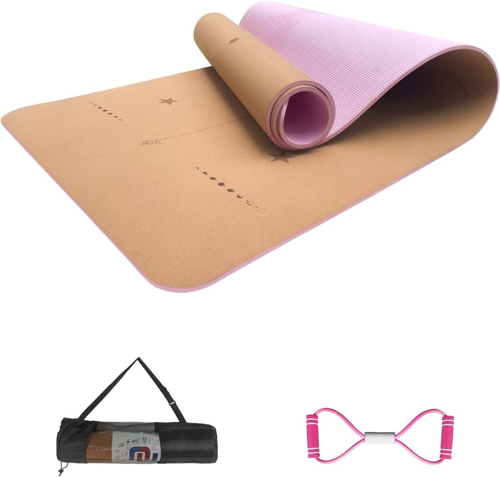 Numat Cork Yoga Mat 6mm (1/4 inch) Thick 72 x 24 in, Sweatproof NonSlip Eco-friendly, Lightweight TPE foam with Alignment Lines, Great for Hot Yoga, Pilates, Gym and Exercise, Black Carrying Bag w. Strap Included