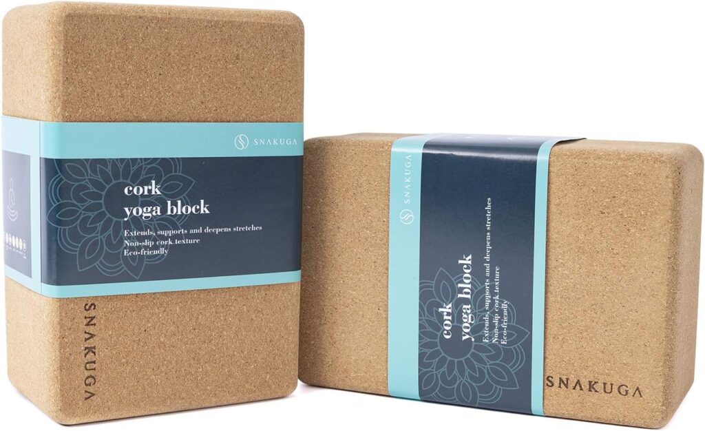 SNAKUGA Cork Yoga Block 2 Pack for Pilates, 4 or 3 Non-Slip  High Density Blocks for Meditation, Fitness and Stretching, Supportive and Flexibility Brick for Improve Poses Balance