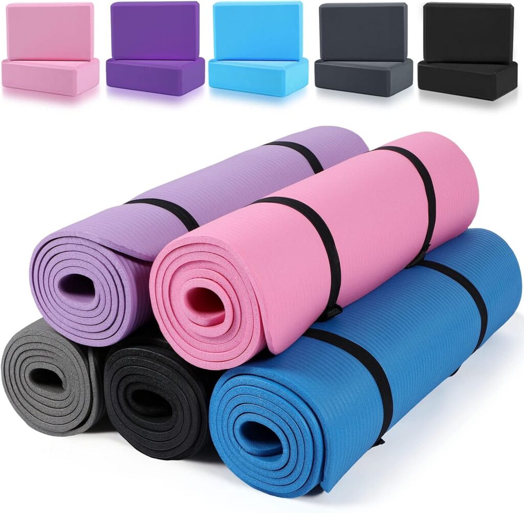 Wettarn 15 Pcs Yoga Mat Set 5 Pcs 1/3 Inch Extra Thick High Density Anti Tear Exercise Yoga Mat with 5 Pcs Carrying Strap and 10 Pcs Yoga Blocks Fitness Gym Mats Bulk