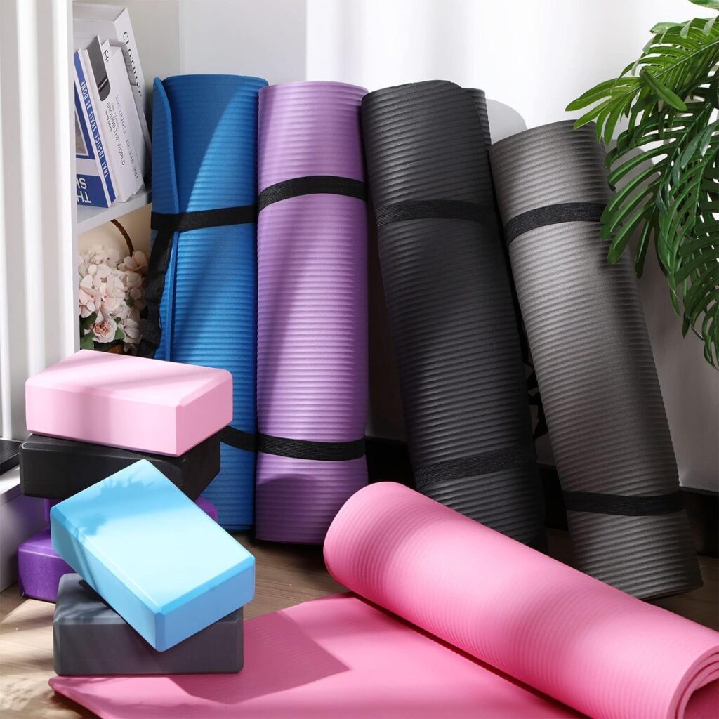 Wettarn 15 Pcs Yoga Mat Set 5 Pcs 1/3 Inch Extra Thick High Density Anti Tear Exercise Yoga Mat with 5 Pcs Carrying Strap and 10 Pcs Yoga Blocks Fitness Gym Mats Bulk