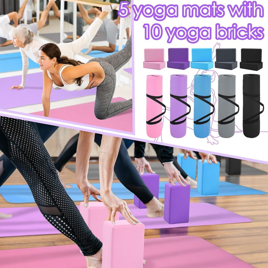 Wettarn 15 Pcs Yoga Mat Set 5 Pcs 1/3 Inch Extra Thick High Density Anti Tear Exercise Yoga Mat with 5 Pcs Carrying Strap and 10 Pcs Yoga Blocks Fitness Gym Mats Bulk