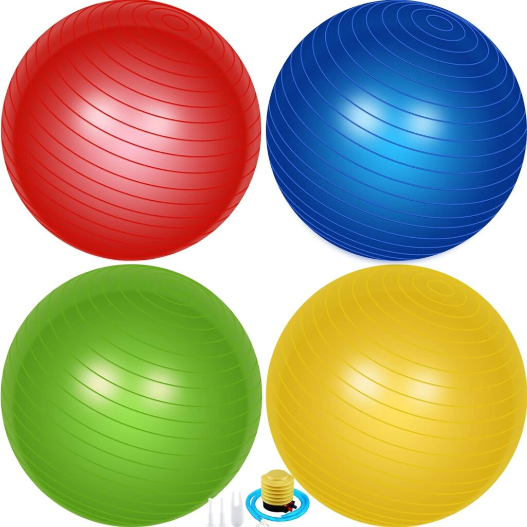Leyndo 4 Pcs Yoga Ball Bulk Large Exercise Ball Anti Burst Pregnancy Birthing Ball Fitness Ball with Quick Pump for Improved Posture, Balance, Yoga, Pilates, Training, Red Green Blue Yellow