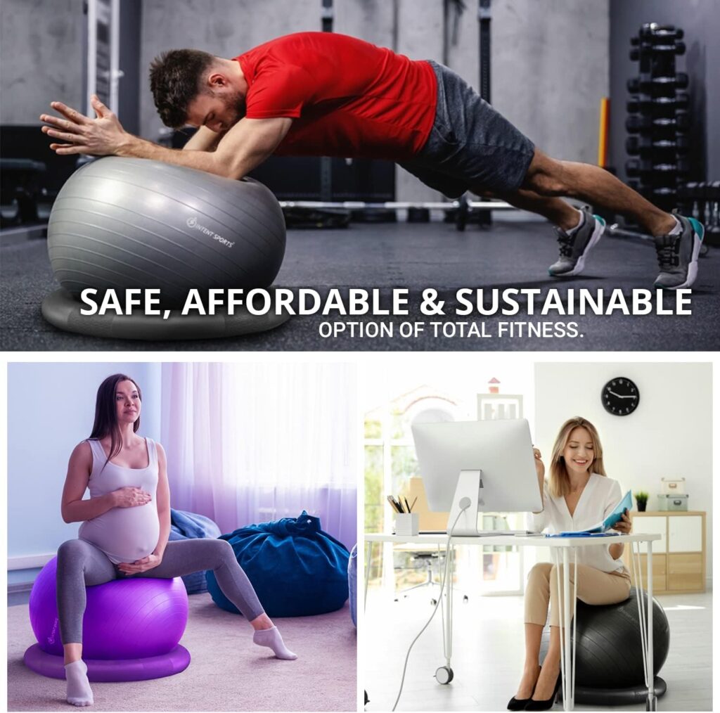 Yoga Ball Chair – Stability Ball with Inflatable Stability Base  Resistance Bands, Fitness Ball for Home Gym, Office, Improves Back Pain, Core, Posture  Balance (65 Cm)