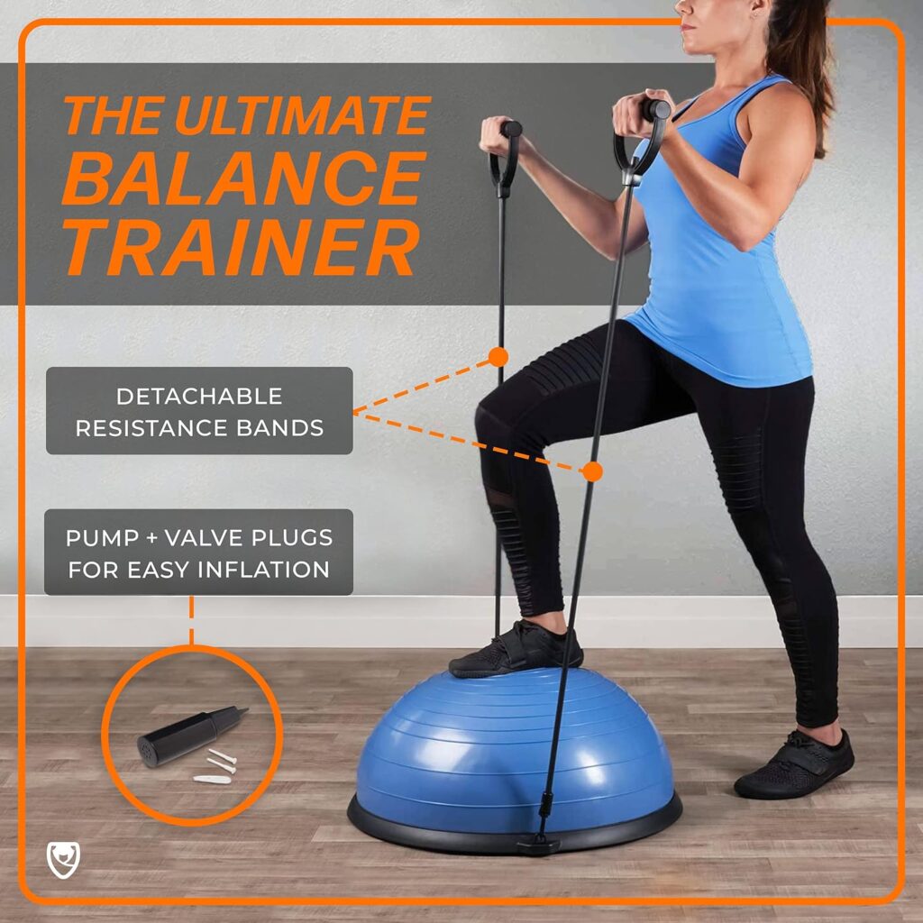 URBNFit Half Balance Ball - Yoga Ball Balance Trainer for Core Stability  Full Body Workout at Home or Gym - Resistance Bands, Pump and Exercise Guide Included