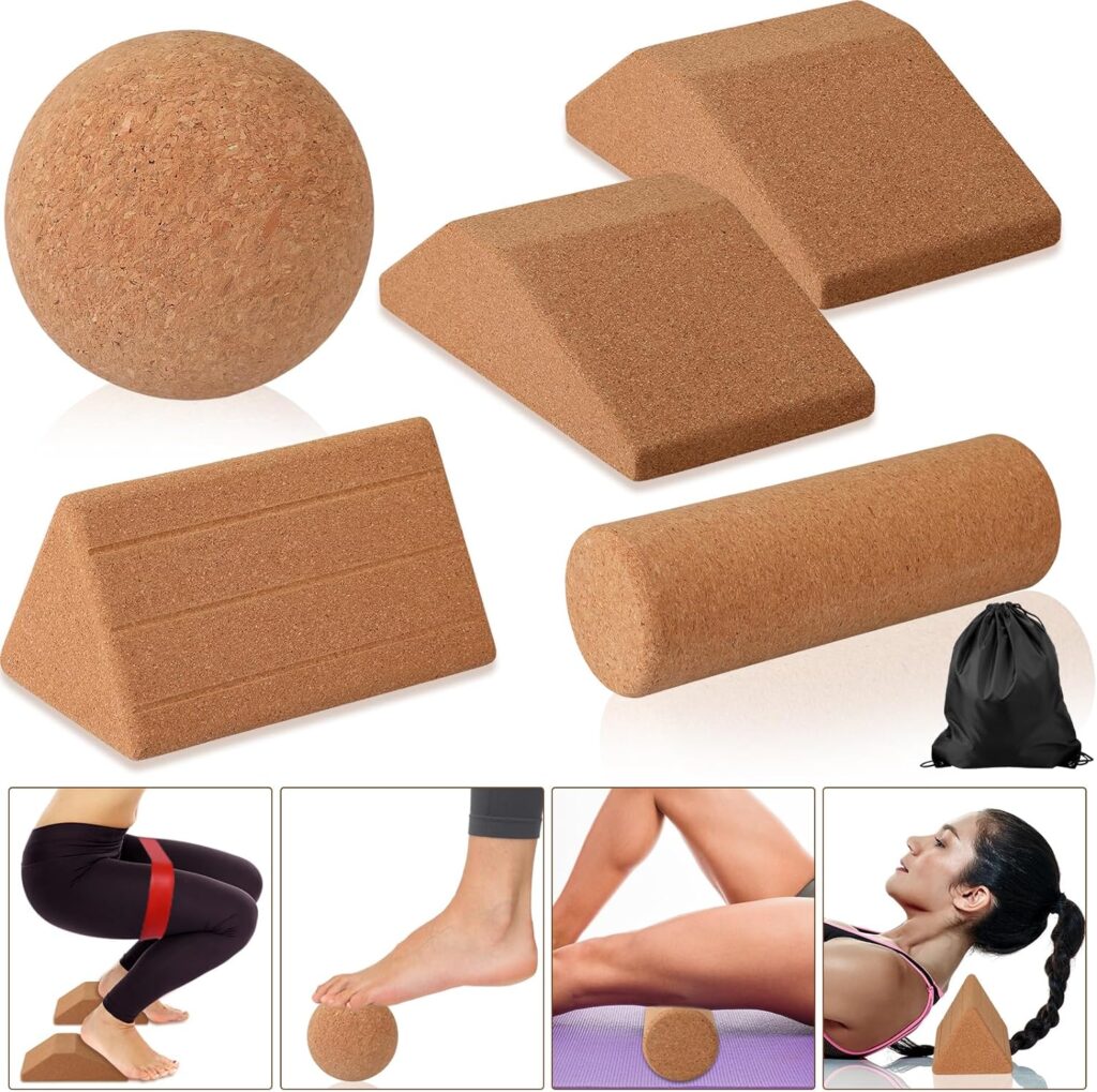5 Pcs Cork Yoga block Set Includes Cork Massage Roller Ball Set Cork Massage Roller for Back Muscles Cork Massage Ball Versatile Non Slip Slant Board for Squats Yoga Triangle Brick