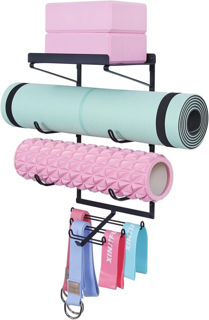Yoga Mat Holder Wall Mount Yoga Mat Storage Rack Home Gym Accessories with 3 Sectional and 7 Hooks for Hanging Foam Roller and Resistance Bands at Fitness Class or Home Gym