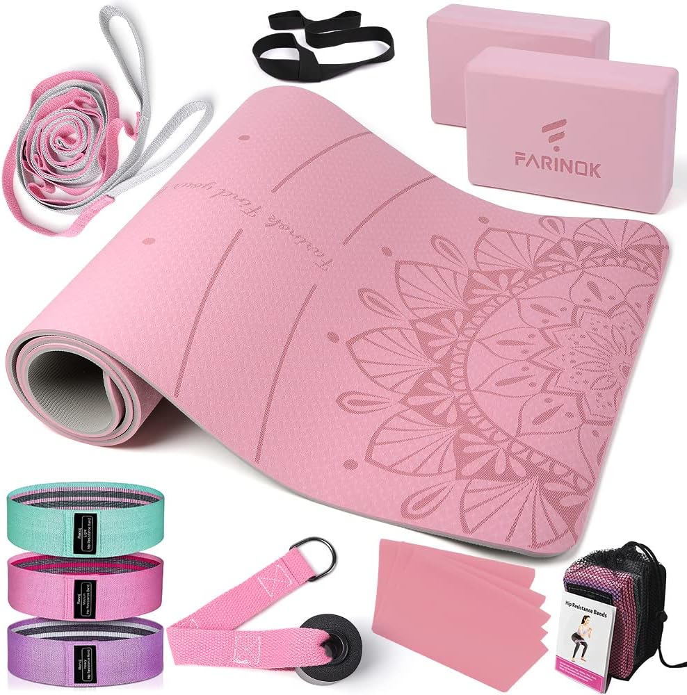 1/3 Yoga Mat Thick, Yoga Set for Beginners Include High Density Yoga Mat with Multi-loops Yoga Strap, Yoga Blocks, Booty Resistance Band Set, Door Anchor, Carring Bag  Strap