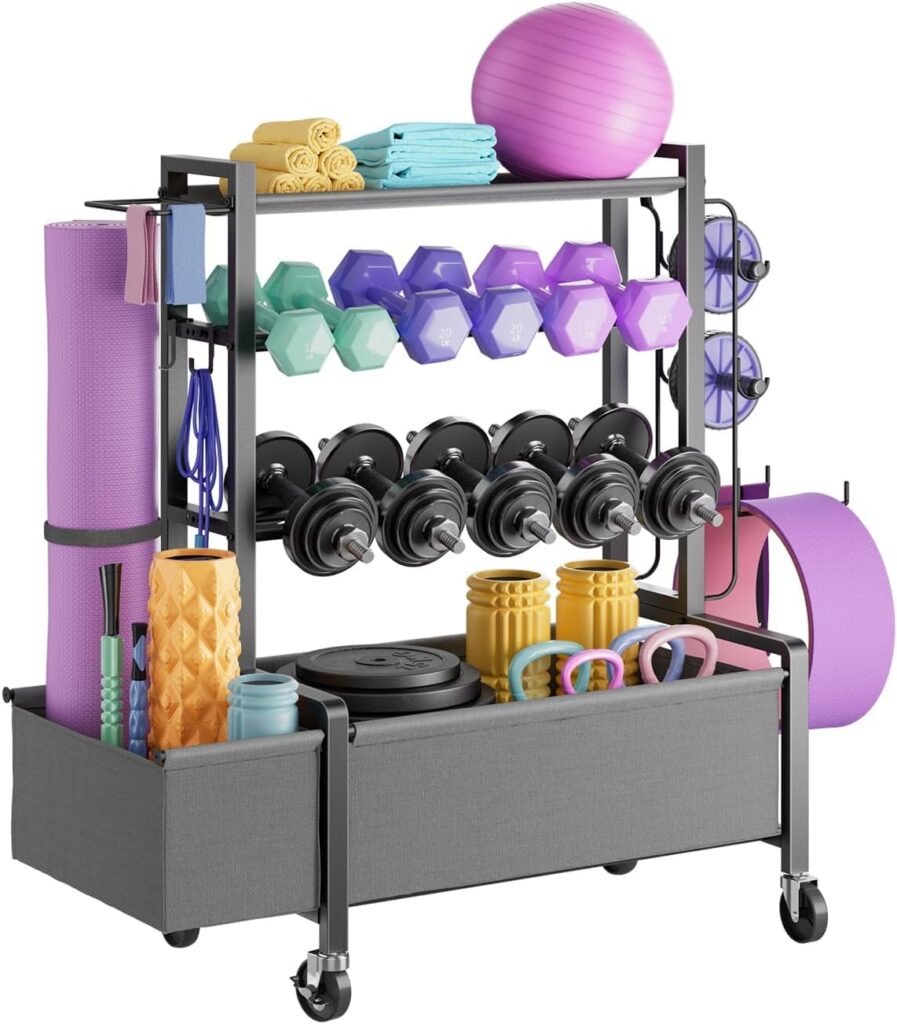 Dumbbell Rack, Adjustable Weight Rack for Dumbbells up to 370lbs, Home Gym Storage for Dumbbells Kettlebells Yoga Mat Ball, All in One Workout Equipment Organizer with Caster Wheels  Hook