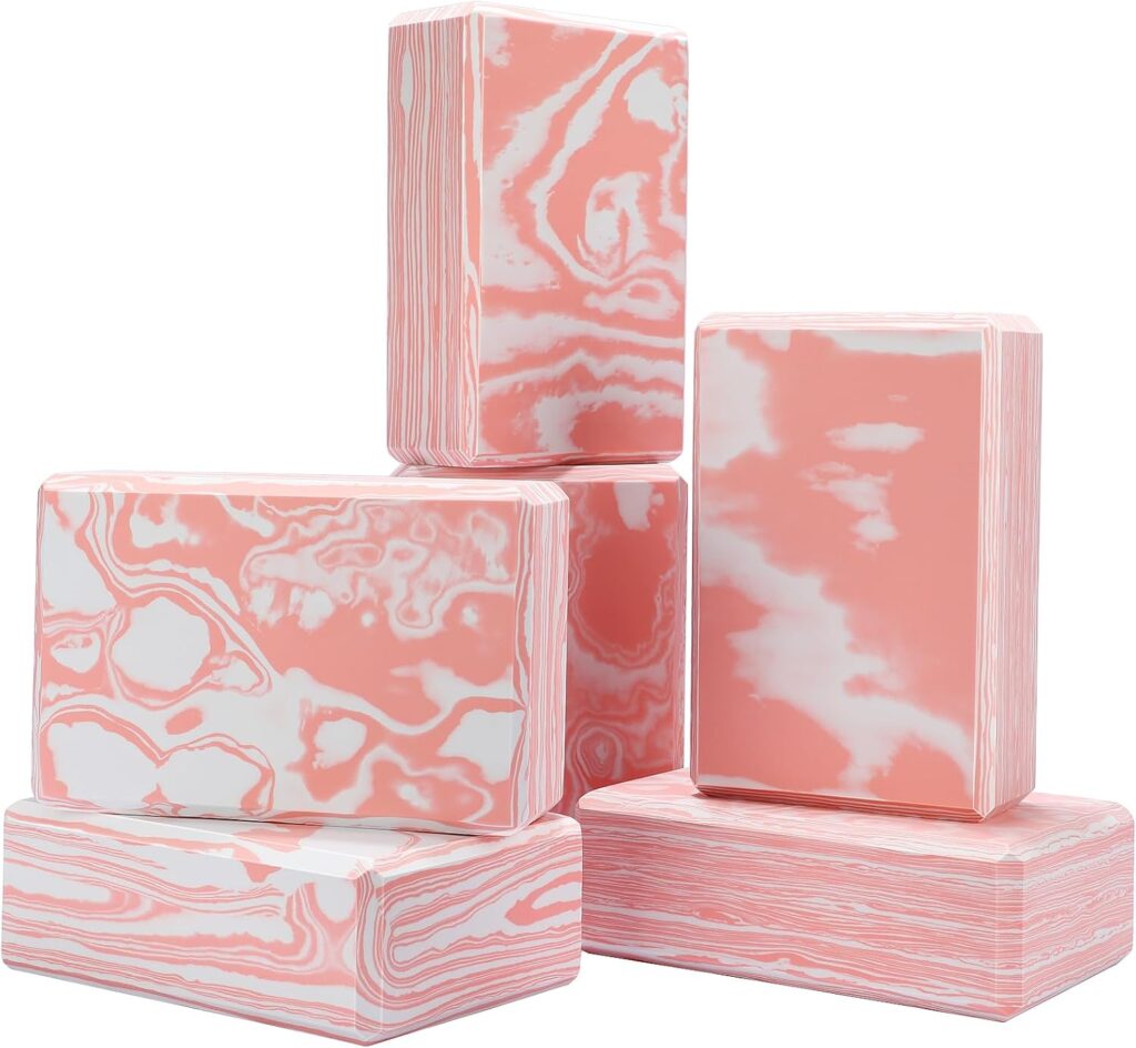 Outus 6 Pack Marble Yoga Block Firm EVA Foam Yoga Brick 9 x 6 x 3 Inches Non Slip Thick Yoga Props Stable Density Yoga Block Set for Pilates Meditation Exercise Supportive Accessories, Pink and White